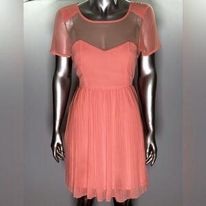 MAX C London Coral/Nude Illusion Sweetheart Pleated Dress Sz 10